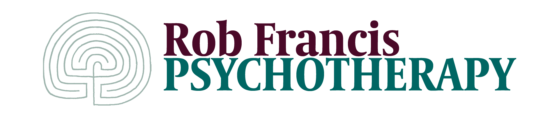 To the left is a light grey-green graphic of a Cretan labyrinth, alongside the text Rob Francis PSYCHOTHERAPY in deep red and blue-green.